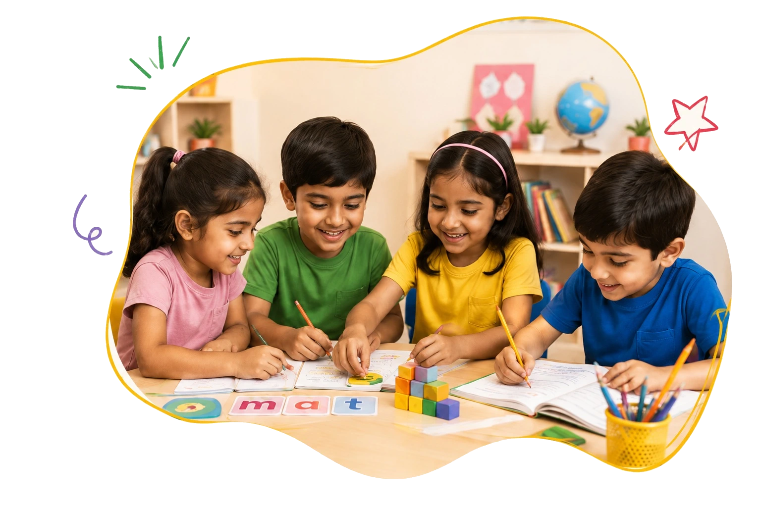 Young children learning together with books and blocks at Brainy Pandas